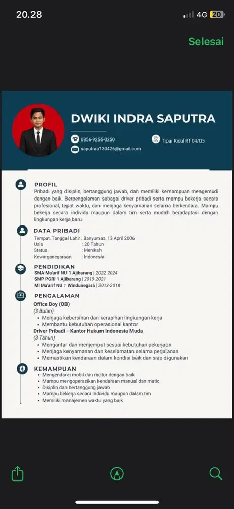 Saya sedang mencari pekerjaan sebagai driver