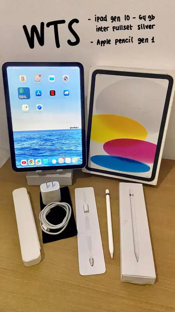 iPad 10 64GB WiFi Inter Silver + Apple Pencil 1 Full Set Mulus Nego