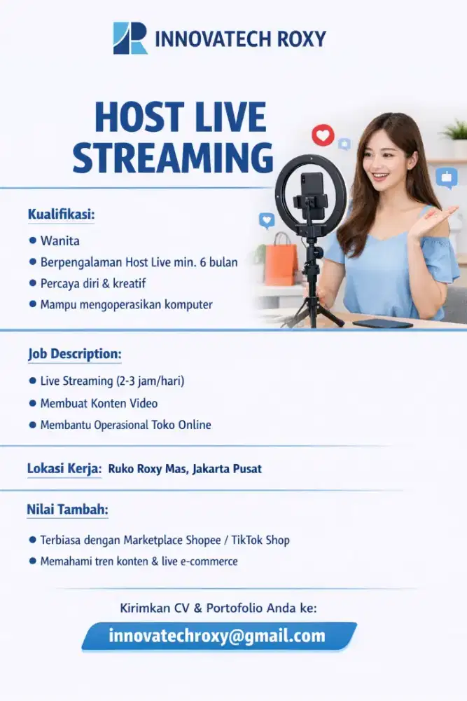 Dibutuhkan Host Live Streaming E-commerce
