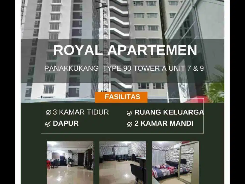 Royal Apartemen Panakkukang
T90, 3 KT 2 WC
lantai 17 Unit 7&9
Harga Murah Dibanding Lainnya
Rp. 1.3 Mlyr