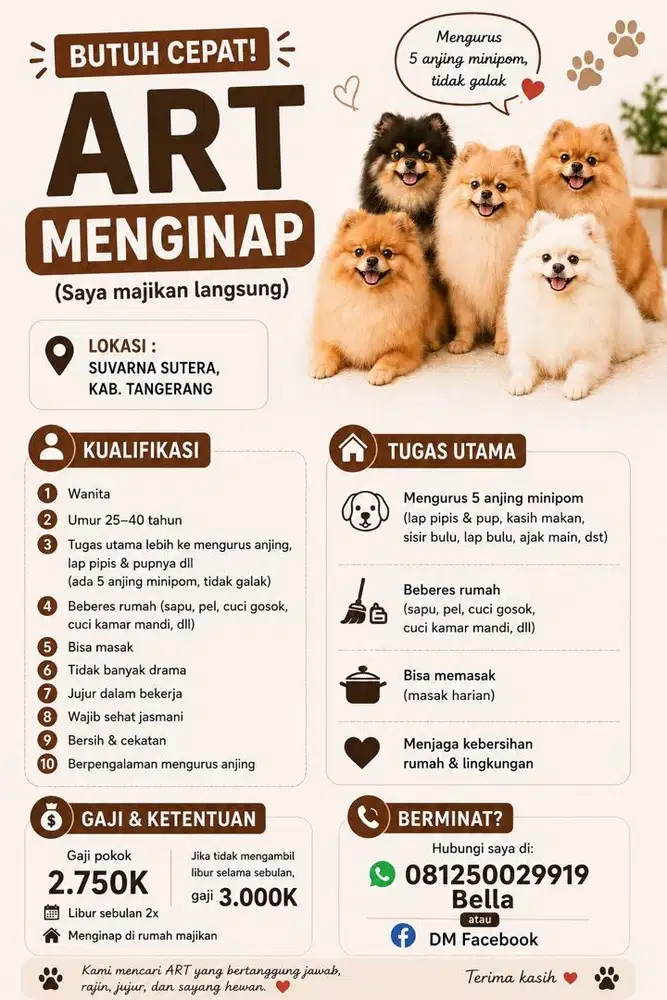 Lowongan kerja ART wanita (menginap)