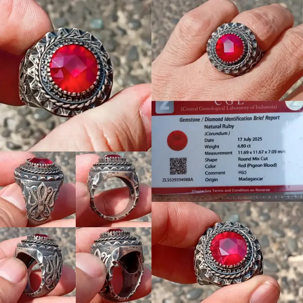 Pigeon blood Ruby Madagaskar 6.80 ct Ring Perak Ukir tangan seniman
