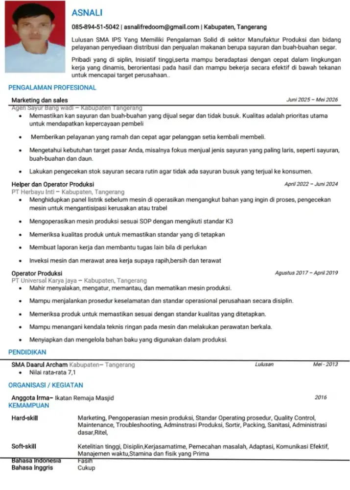 Saat ini saya sedang mencari pekerjaan sebagai operator produksi