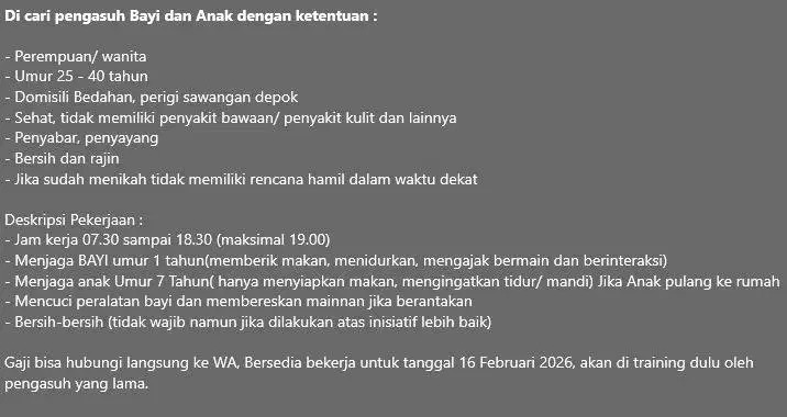 Dicari pengasuh bayi dan anak