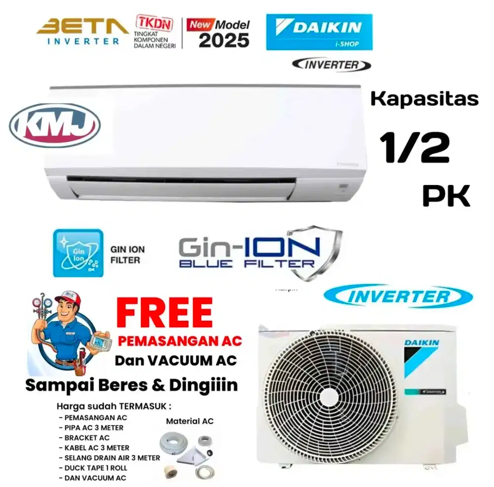 DAIKIN AC Split 1/2 PK BLUE FIN BETA INVERTER Nusantara R32 FTKE55YV14