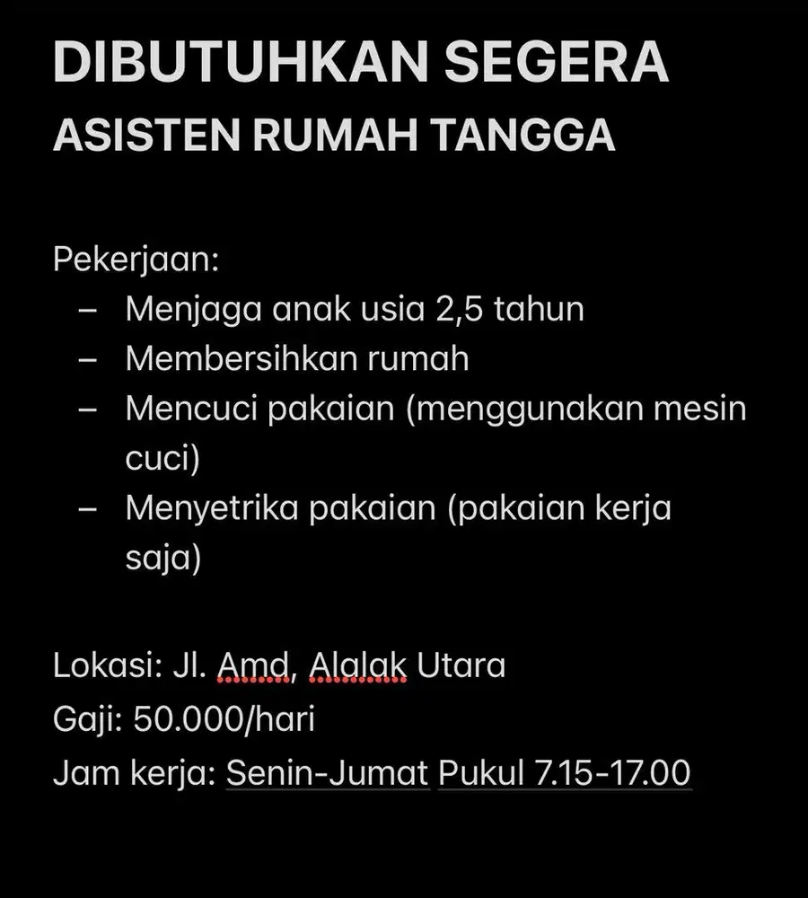 Dicari Asisten Rumah Tangga