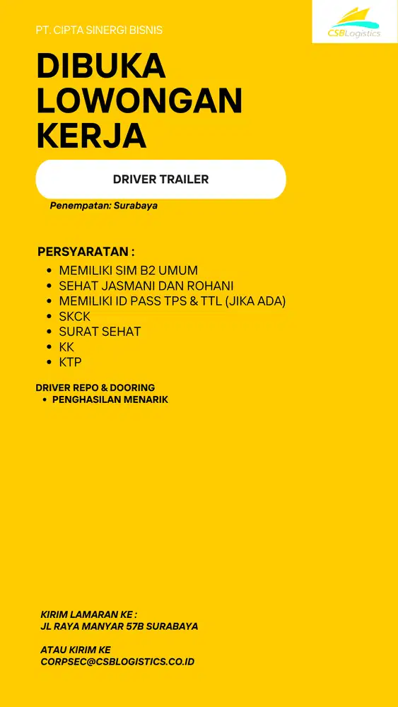 Lowongan Pekerjaan URGENT Driver Trailer 20FT & 40FT