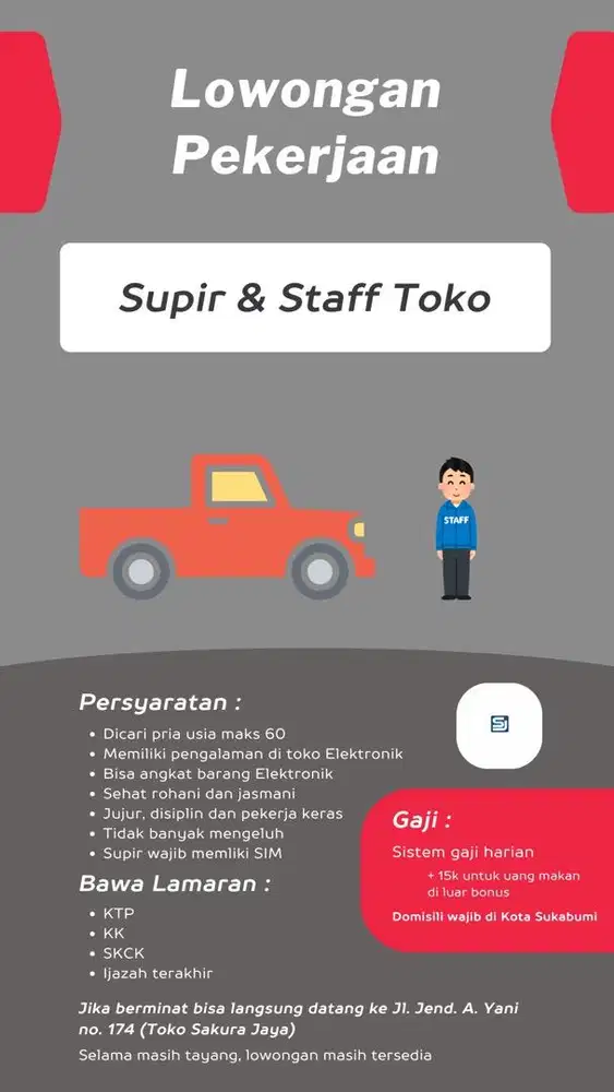 Lowongan Supir dan Staff Toko