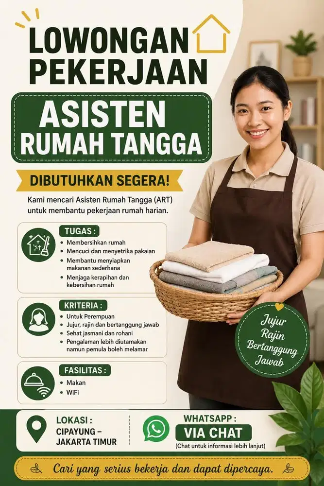Dicari segera asisten rumah tangga