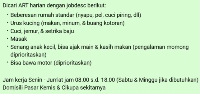 DICARI ART HARIAN SENIN - JUM'AT JAM 08.00 S.D. 18.00