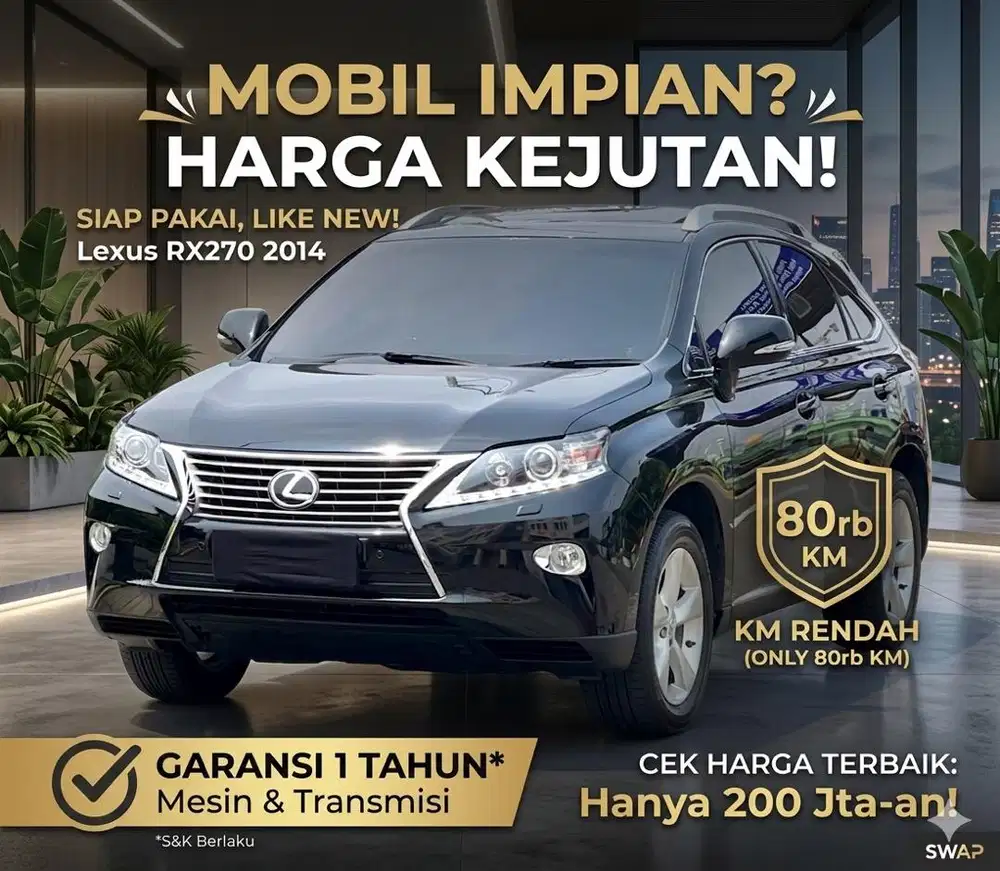 Lexus RX270 Nik 2014 Low KM Garansi 1 Tahun Mesin dan Transmisi