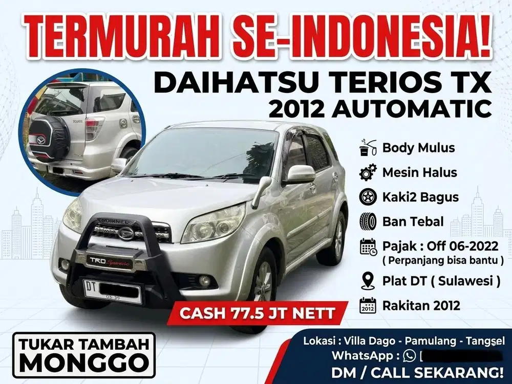 (CASH) Daihatsu Terios TX 2012 Automatic. Termurah