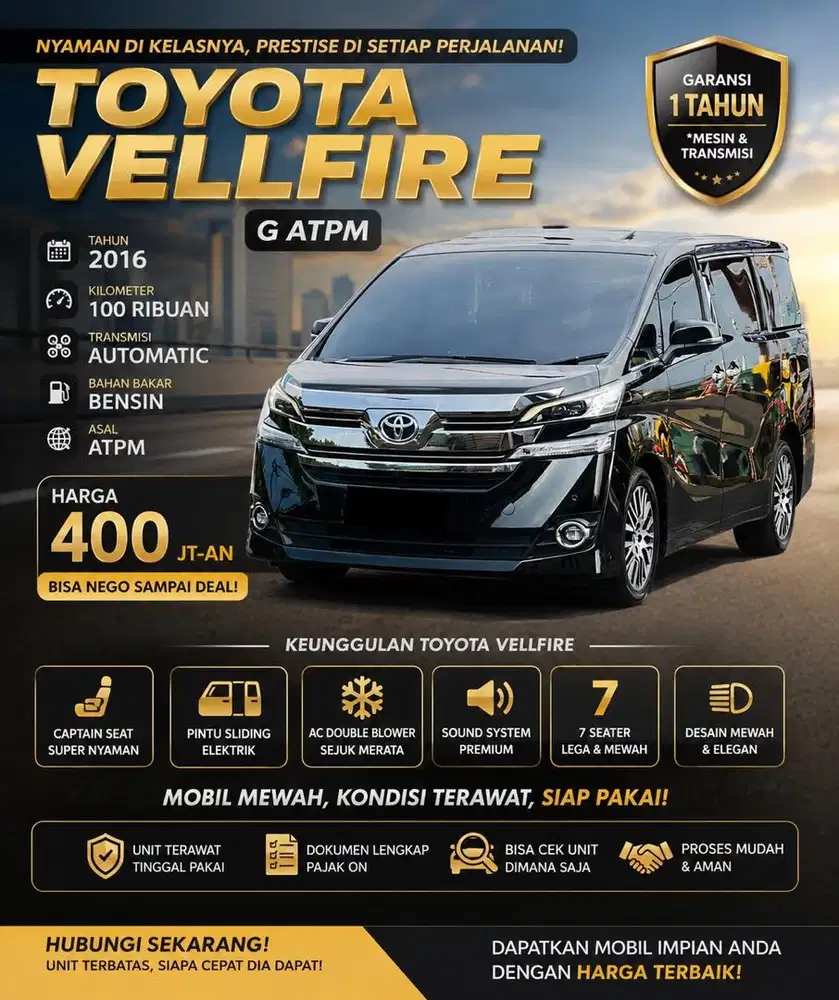 Toyota Vellfire G ATPM 2016 Service Record Garansi 1 Tahun