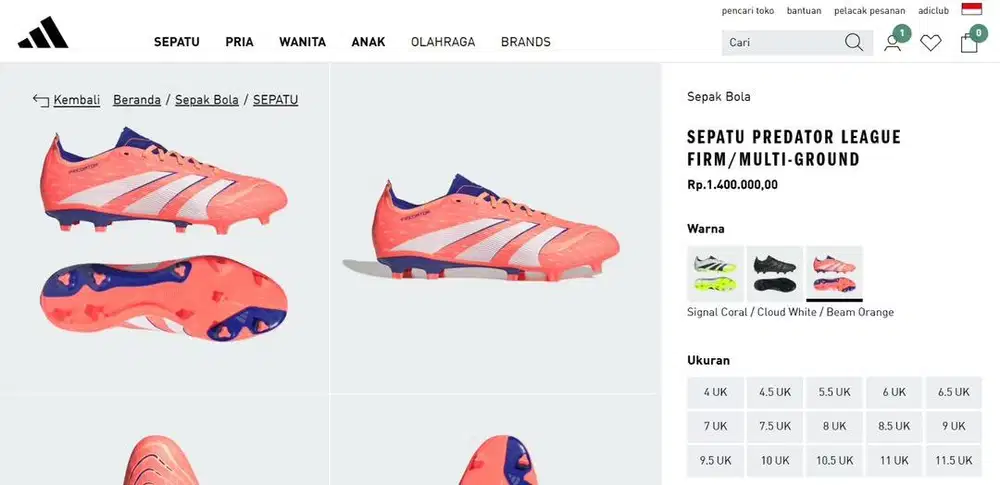 sepatu bola adidas predator fold over tongue league fg size 44,5