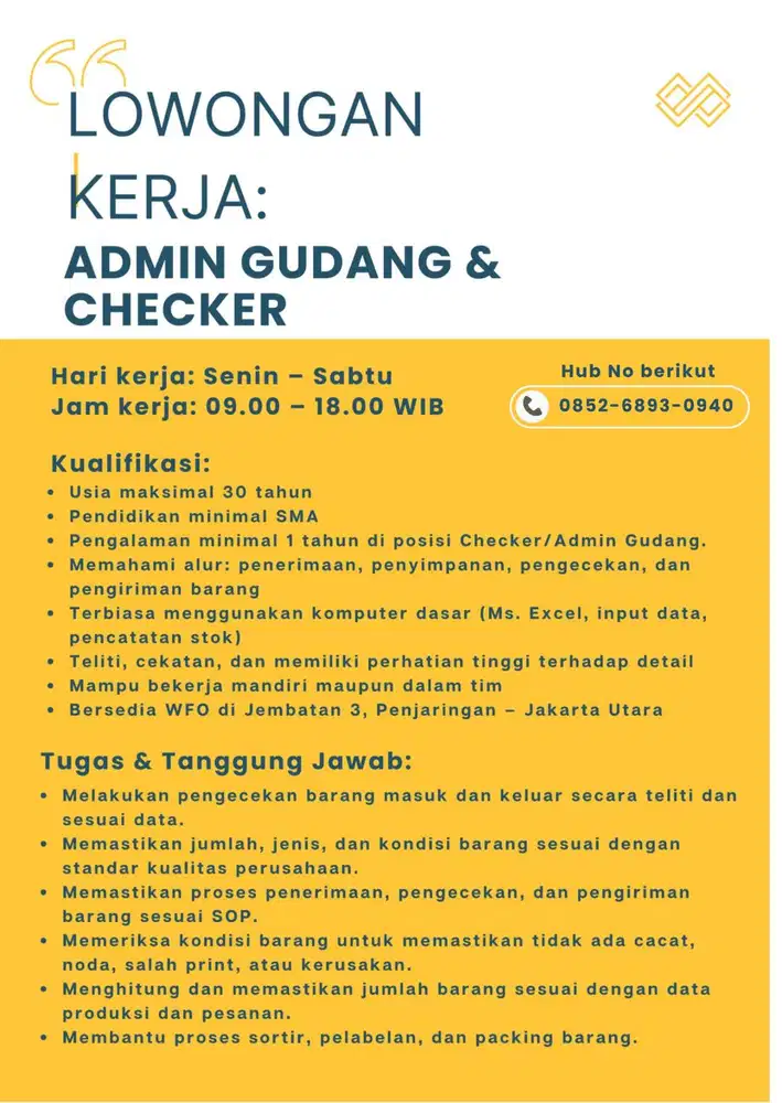 Lowongan Kerja Admin Gudang & Checker