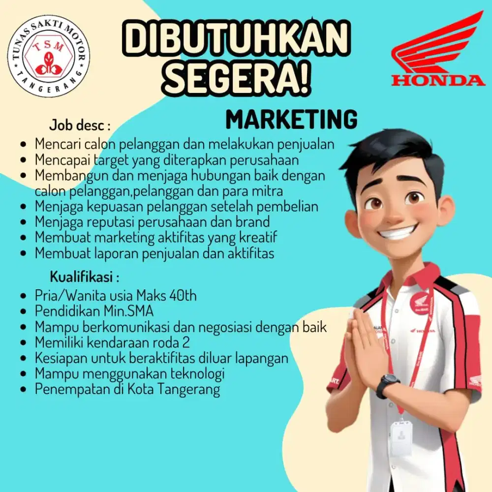 Di buka lowongan pekerjaan terbaru sebagai sales marketing motor honda