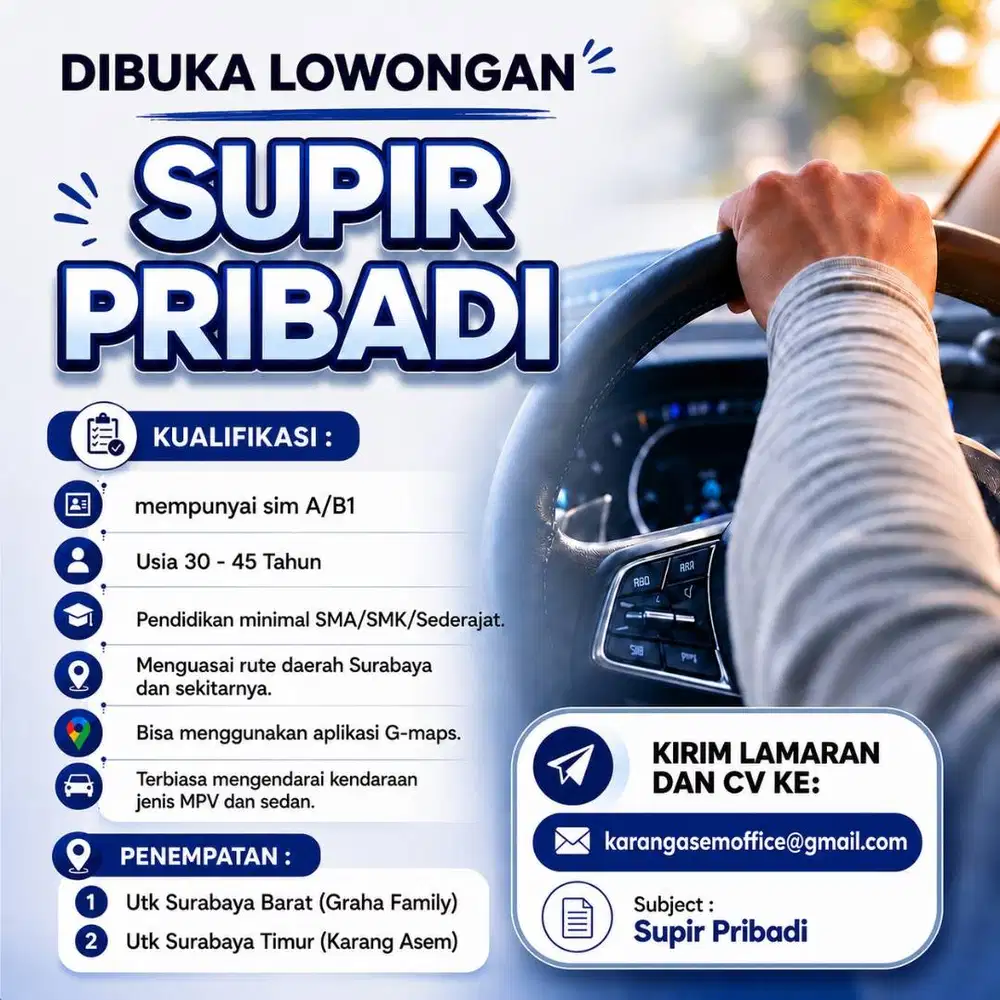 SOPIR PRIBADI SEGERA UNTUK SURABAYA BARAT & SURABAYA TIMUR