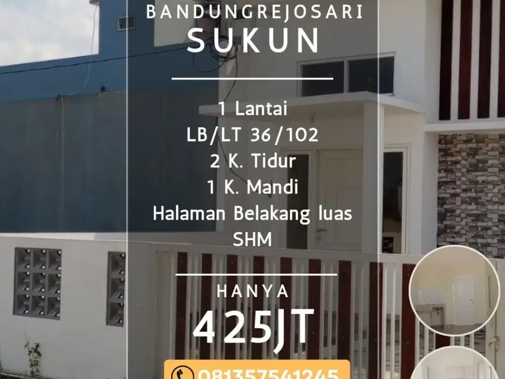 Rumah dijual di kebonsari kemantren Sukun Indogrosir SAMSAT Lt103 425jt