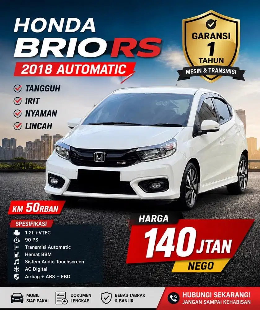 Honda Brio RS Nik 2018 AT Low Km Garansi 1 Tahun Mesin dan Transmisi
