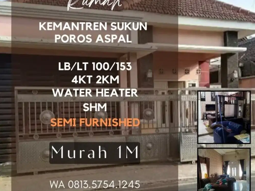Rumah dijual di sukun 4KT Furnished AC 0 jalan aspal untuk usaha