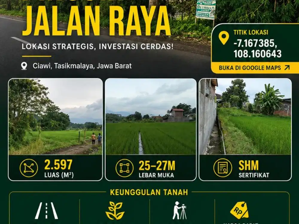 Dijual Tanah SHM 2.597m² Lebar Muka 25–27M Pinggir Jalan Raya Ciawi Tasikmalaya Harga Nego