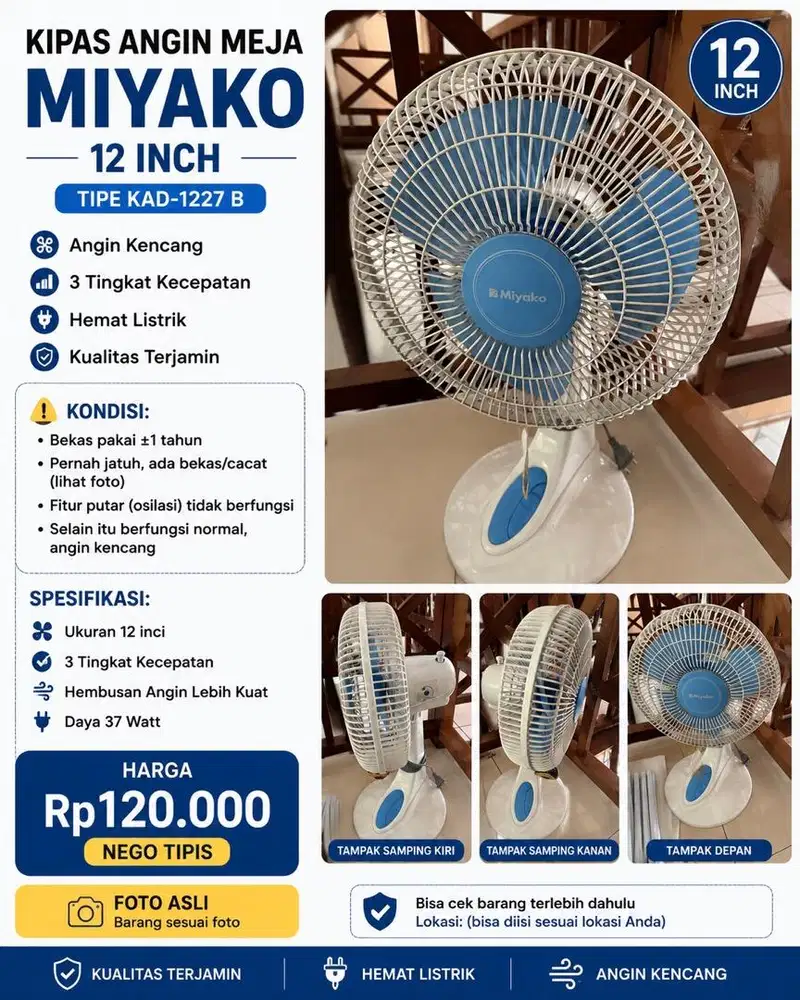 Kipas Angin Meja Miyako 12 Inch – Bekas, Masih Berfungsi Baik