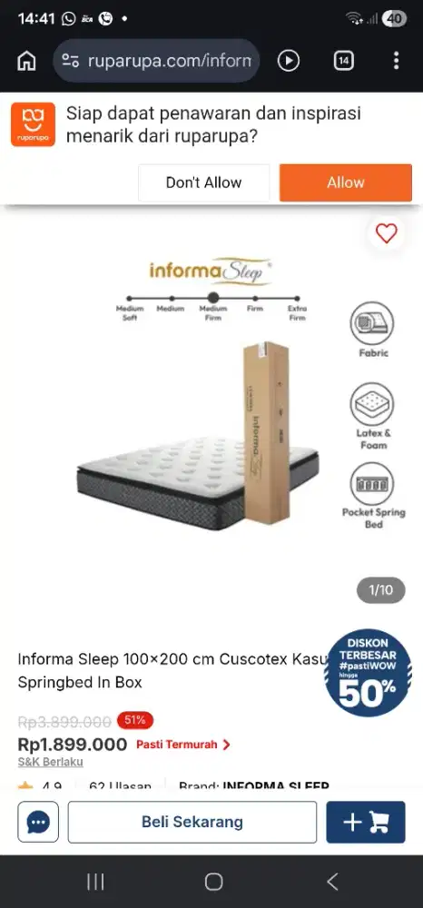 Kasur Informa springbed cuscotex 100 x 200
