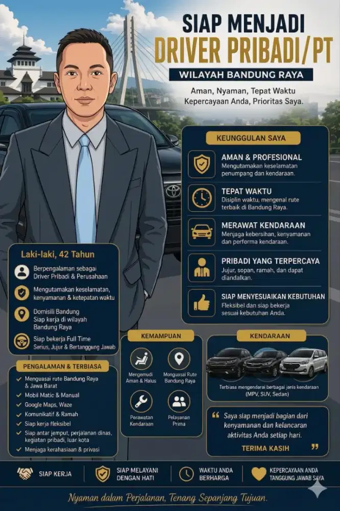 usia 42 thn, sy mencari kerja sebagai drv pribadi maupun pt/instansi