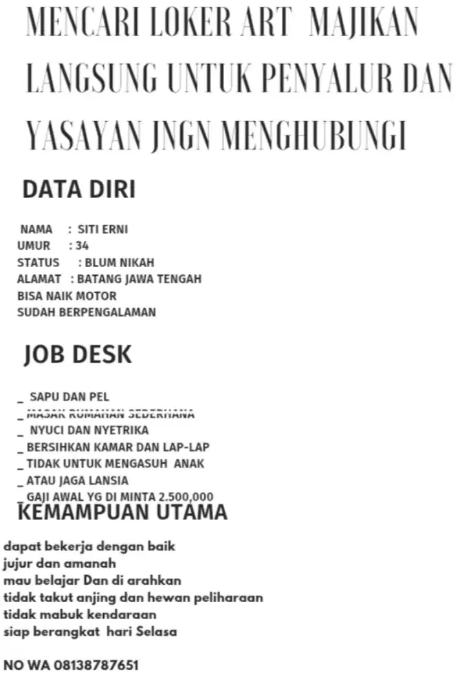 mencari loker ART 2 orang untuk 1 rumah majikan langsung