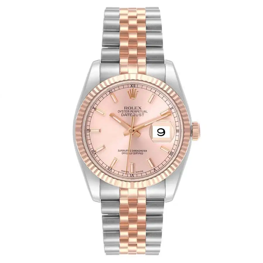 Rolex Datejust Mens 36m, Stick Salmon Dial, Steel & 18K Rose Gold