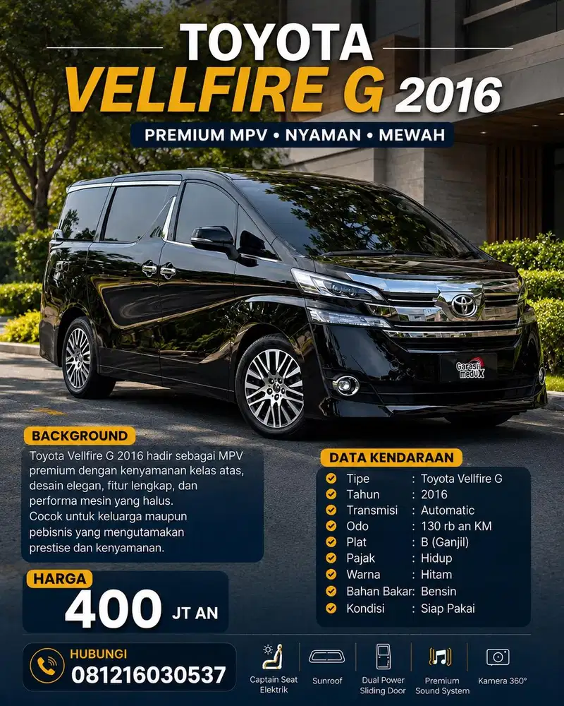 Toyota Vellfire Vell fire G 2016 Antik Low Km Murah Bekas Ganjil Hitam
