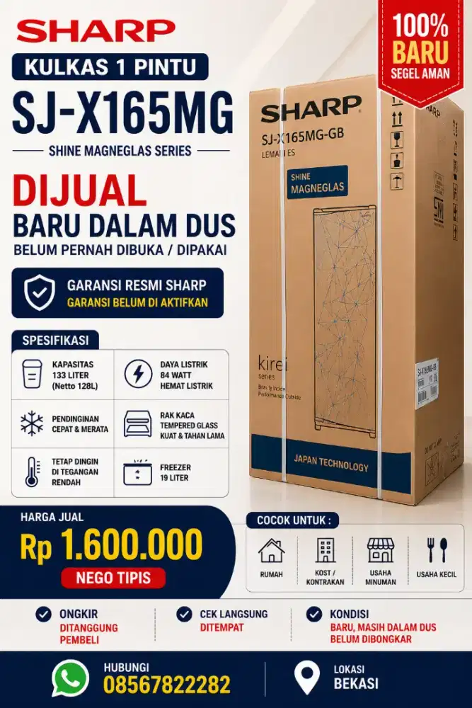 DIJUAL KULKAS SHARP 1 PINTU SJ-X165MG