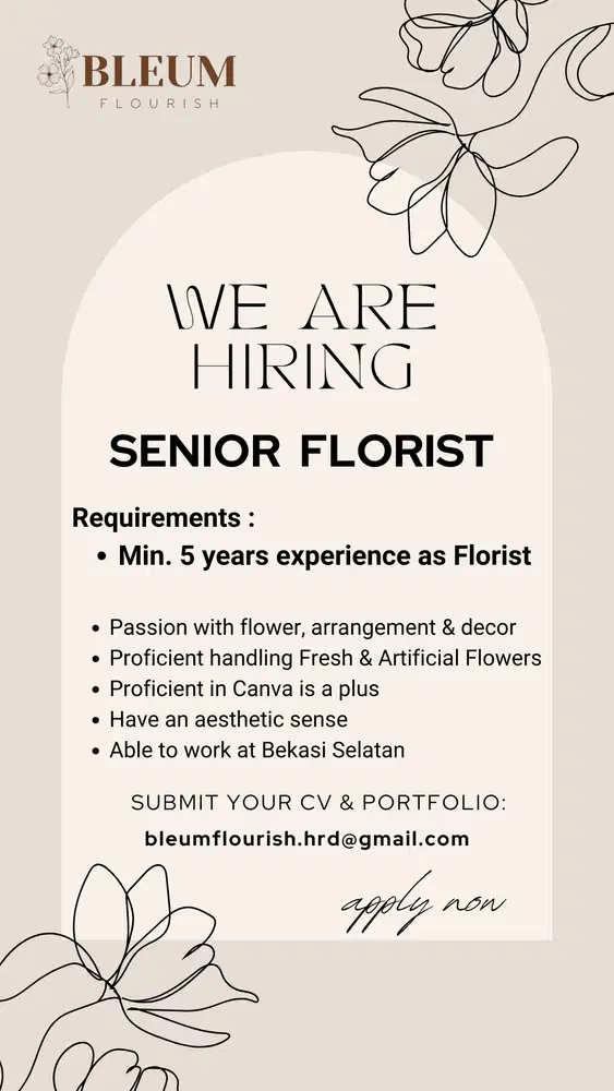 Senior Florist / Perangkai Bunga Fresh & Artificial di Bekasi