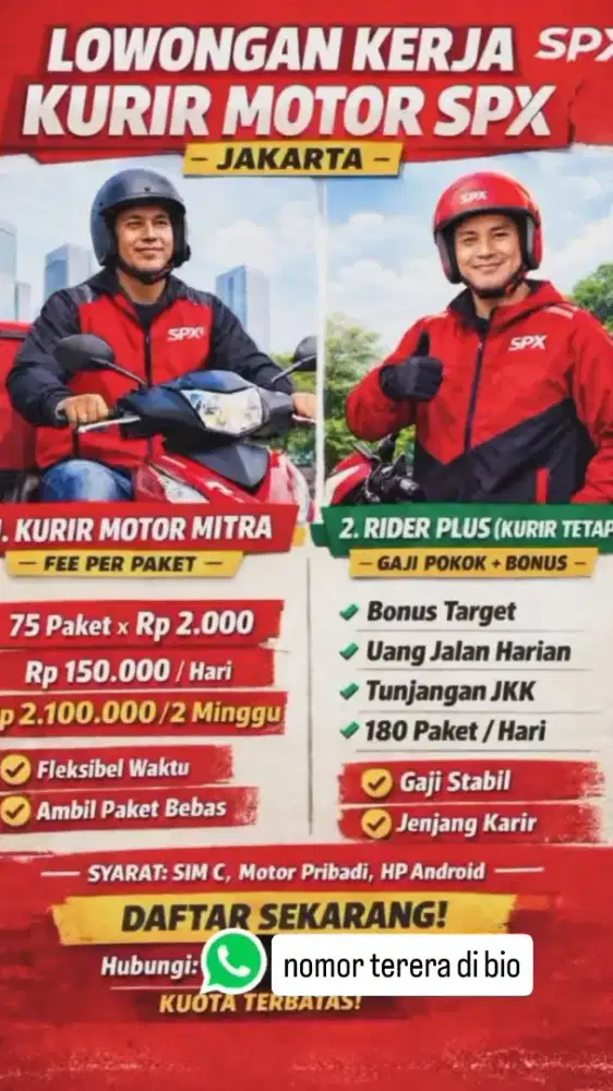 Dibutuhkan kurir motor Dan kurir mobil SPX Express ALL JAKARTA