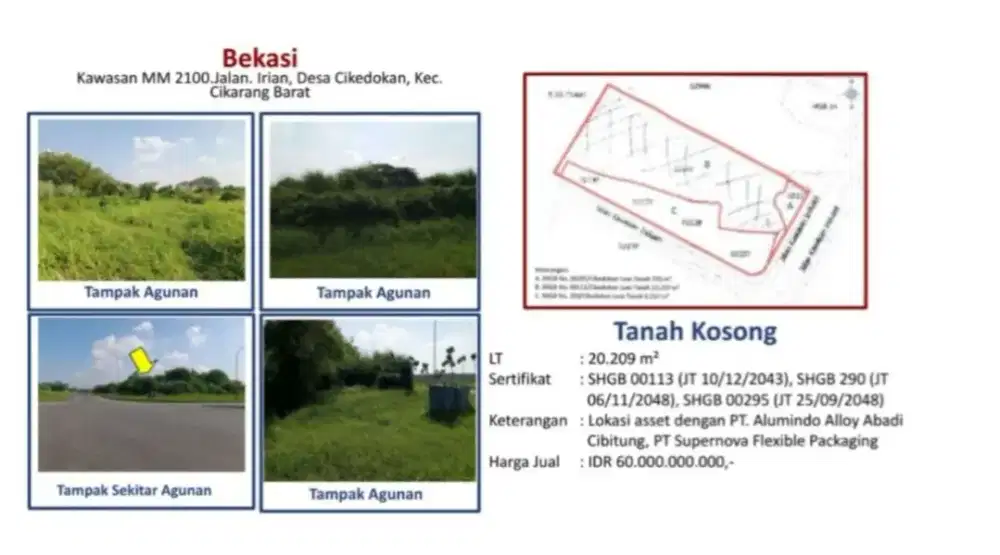 Dijual Tanah Kawasan MM 2100 Jalan Irian Cikedokan