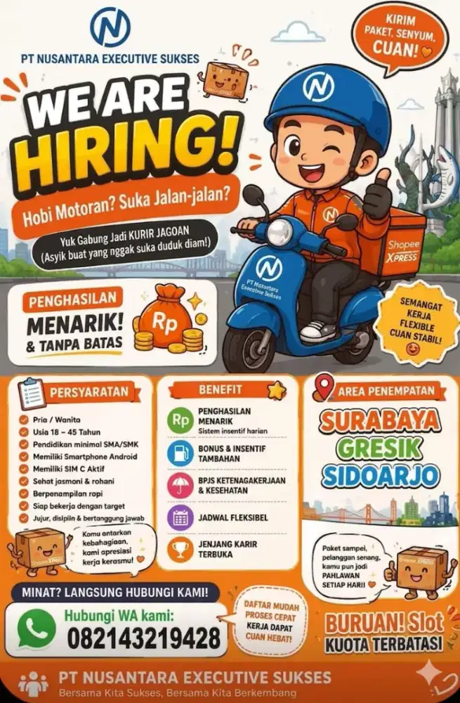 Dibutuhkan Kurir Shopee area kota Sidoarjo, gresik surabaya