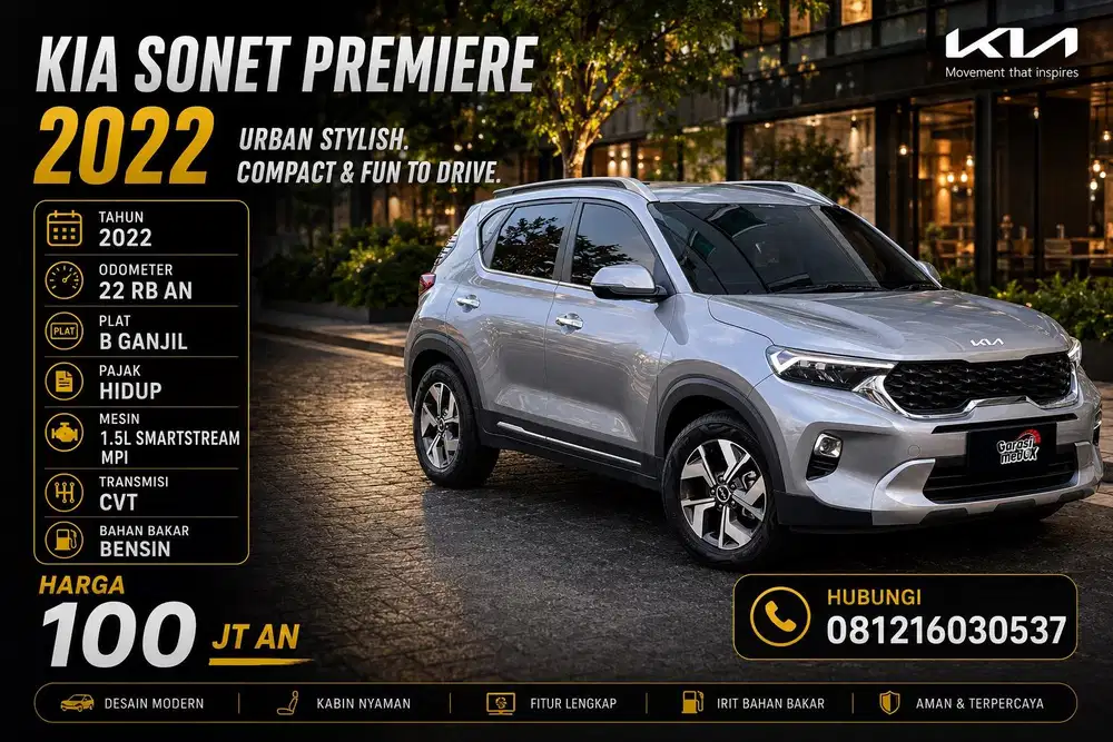 Kia Sonet Premiere 5 seater 2022 pk 2023 Antik Low KM Murah Bekas Abu