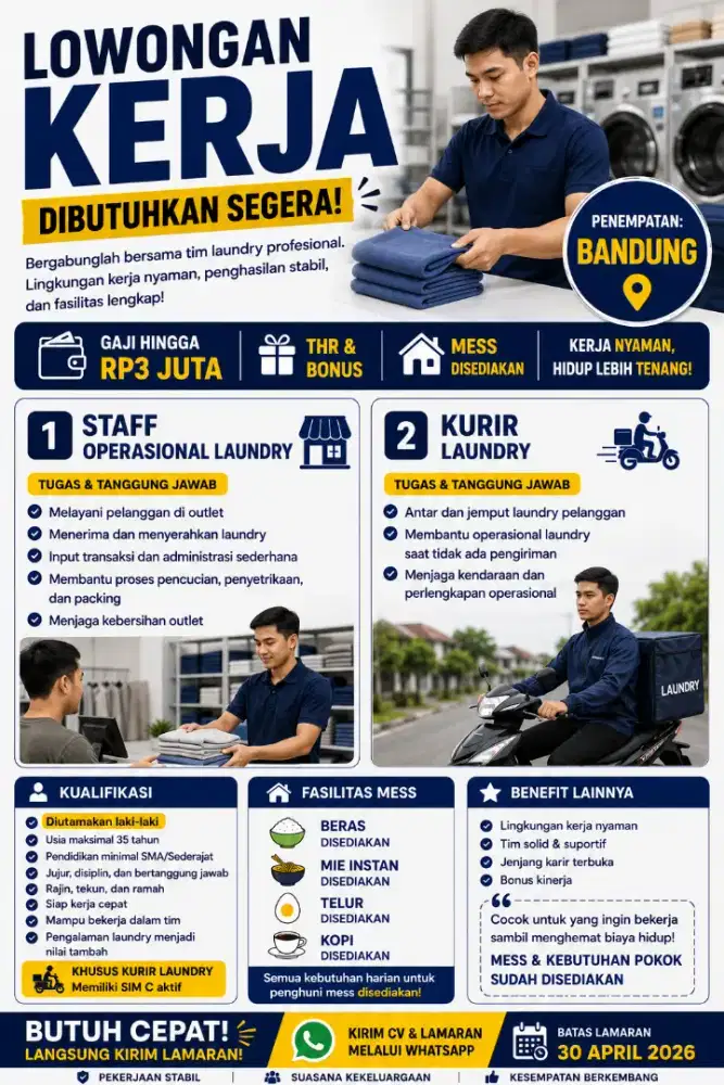 Lowongan Staff Operasional & Kurir Laundry Bandung