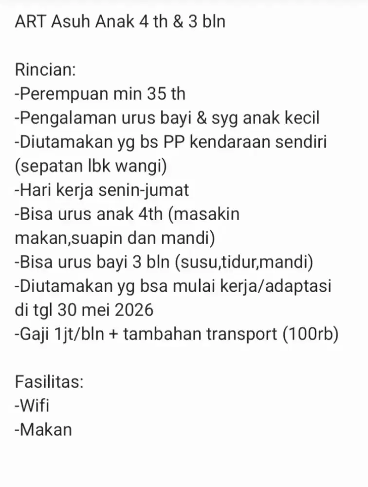 Dicari Pengasuh 2 Anak (Balita dan Bayi)