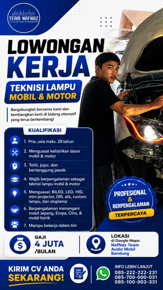 Loker Teknisi Custom Lampu Mobil Motor BiLED DRL Mini Projie Stoplamp