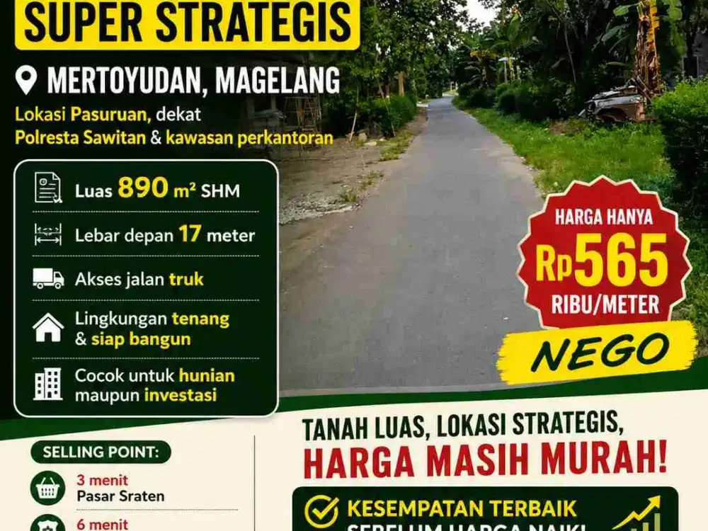 TANAH 890M² PEKARANGAN SUPER STRATEGIS DEKAT POLRESTA MAGELANG