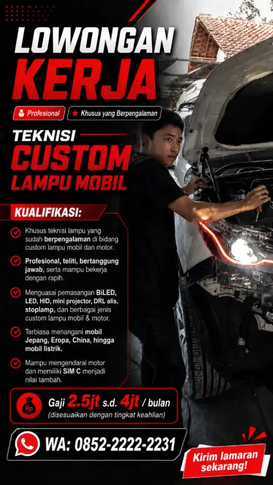 LOKER TEKNISI CUSTOM LAMPU MOBIL MOTOR BILED MINI PROJIE DRL STOPLAMP