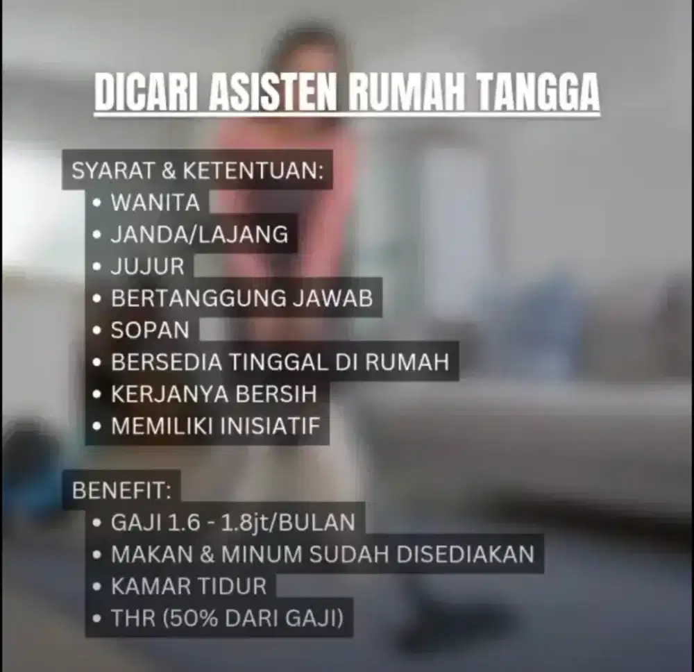 Dicari ART Tinggal di Rumah