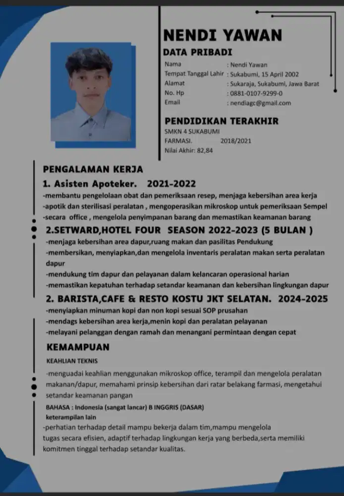 Sedang mencari pekerjaan di bidang F&B dan ART HOUSE BOY
