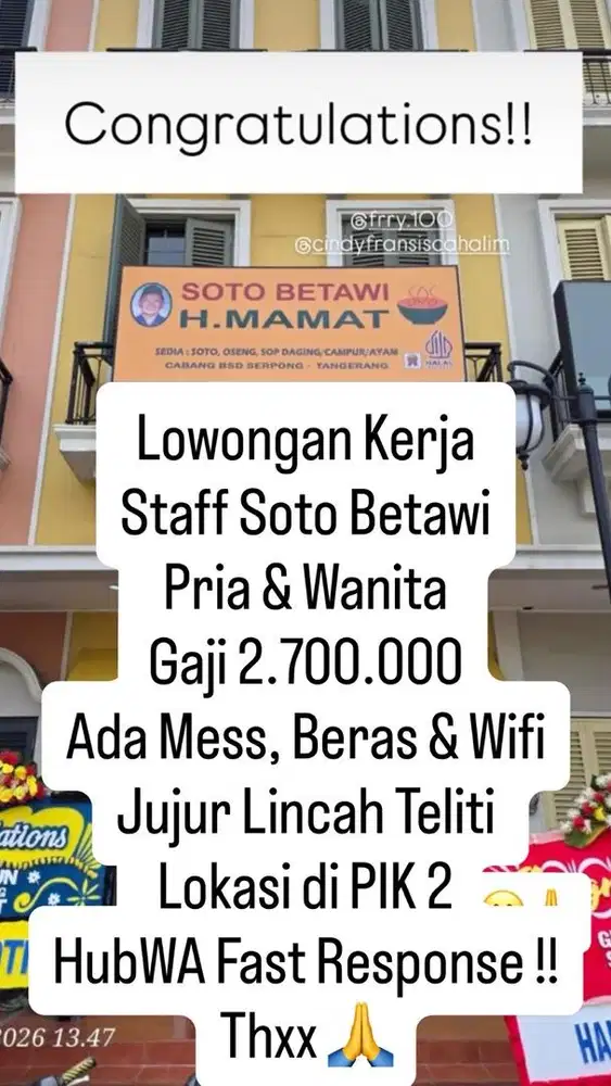 Dibutuhkan waiter wanita berpengalaman
