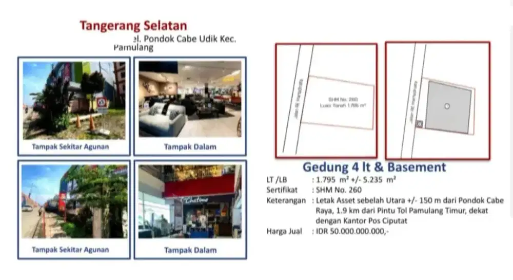 Dijual Gedung 4 Lantai Pondok Cabe Udik Strategis