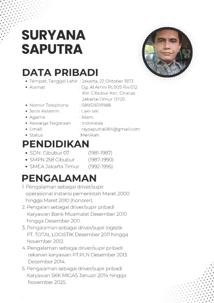 Saya mencari lowongan kerja supir/driver