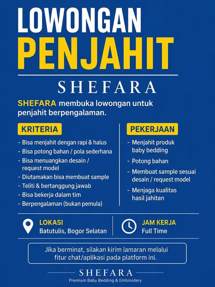 Lowongan Penjahit Full Time – Jahit & Potong Bahan – Bogor