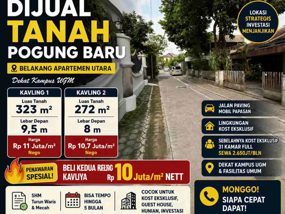 Tanah Strategis Pogung Baru Dekat UGM, Cocok Kost Eksklusif & Investasi