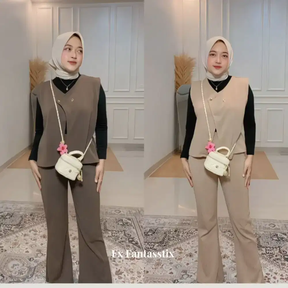 Setelan Vest Kancing Bahan Scuba Premium Nyaman Setelan Kekinian